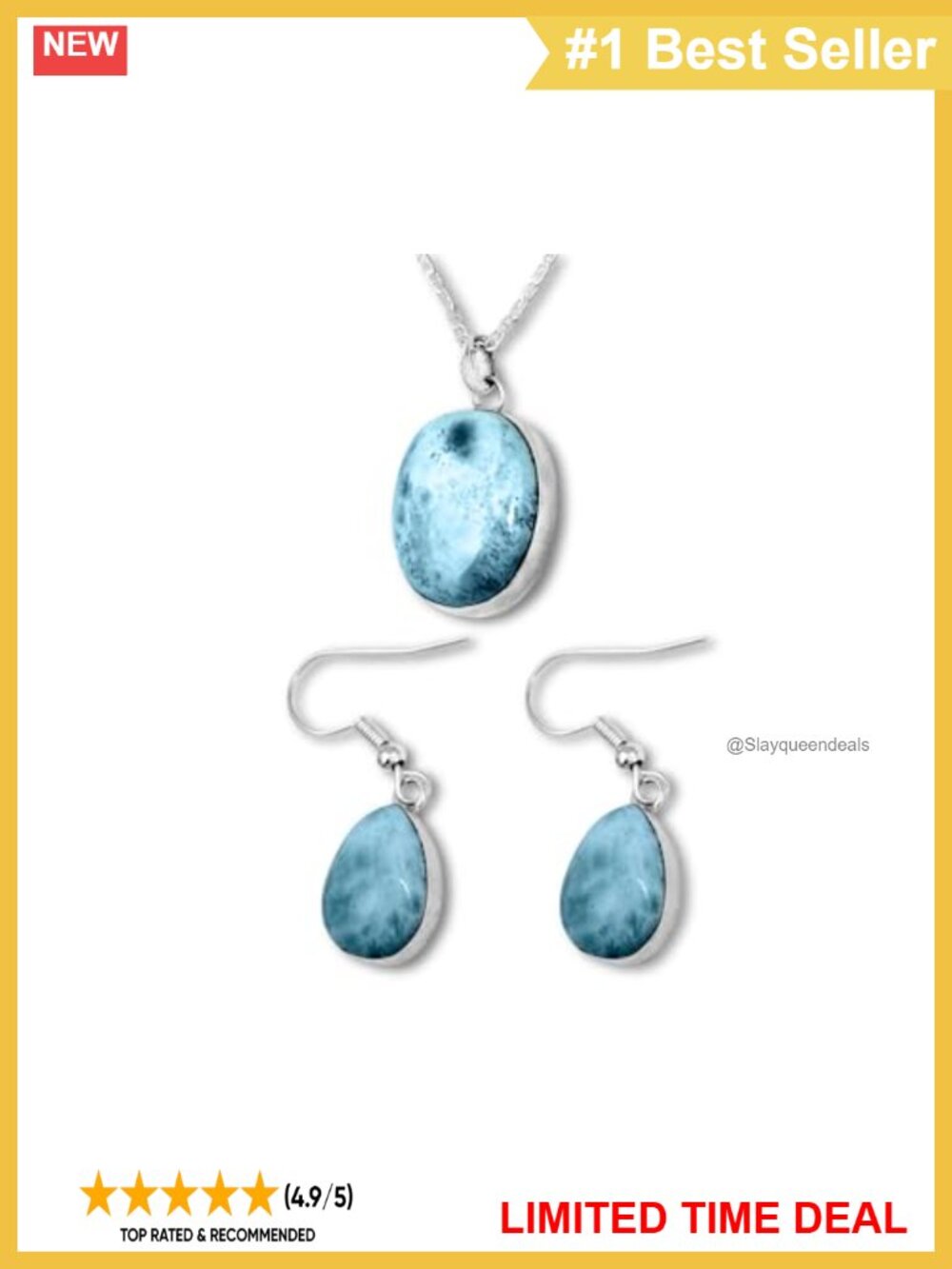 925 Sterling Silver Larimar Jewelry Set Necklace Pendant Earrings